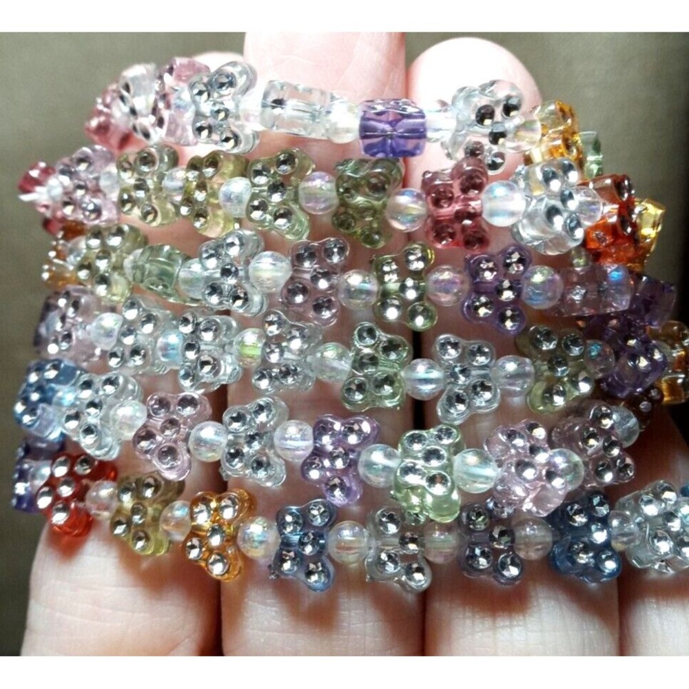 New Crystal Collection Set Of 6 Stretch Bracelets With Clear, Green, Blue Beads